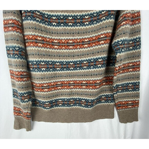 J.CREW Sweater Mens Medium Tan Orange Blue Fair Isle Stripe 100% Lambswool Soft - Picture 8 of 11